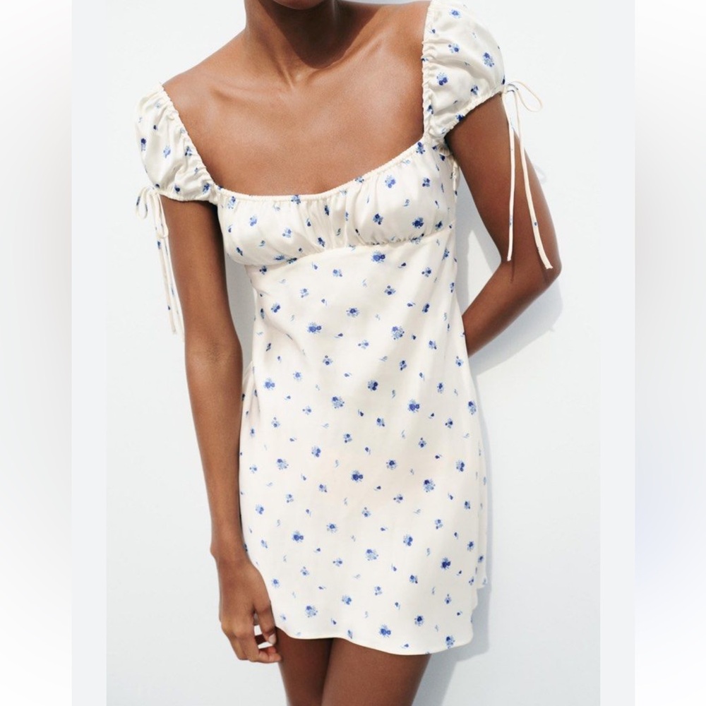 Zara Cream Mini Dress with Blue Floral Print